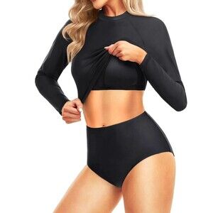 Long Sleeve Rash Guard Swimsuit UV UPF 50+ 2Pc Set Pinup Swim Top & Bottom XL